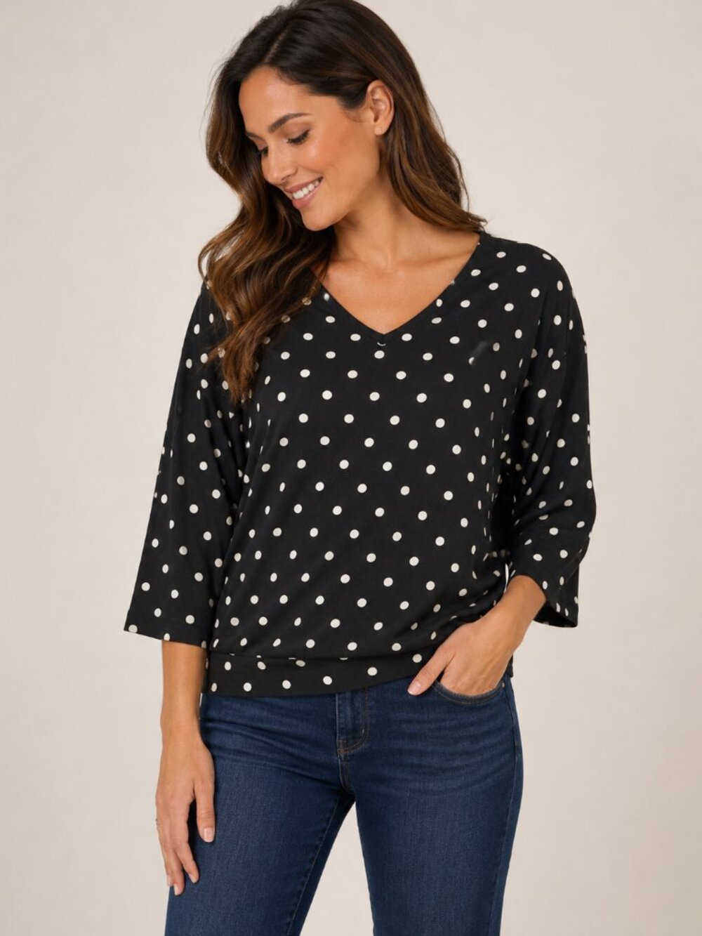 French Laundry Black White Polka Dot Top Size L 3/4 Sleeve V-Neck Keyhole Back